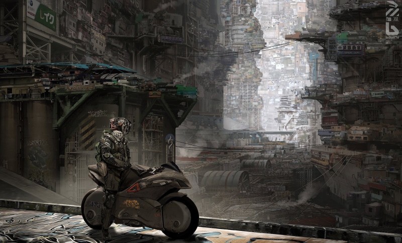 land vehicle, road, robot, scooter, transportation, day, slums, building exterior, the city, urban Scene, cyberpunk, motor vehicle, outdoors, place, mode of transportation