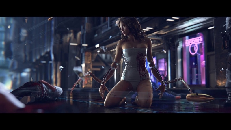 full length, semi-dress, rpg, beautiful woman, cyberpunk, adult, action, cyborg, one person, 1080P, rear view, illuminated, lifestyles, indoors, 2077
