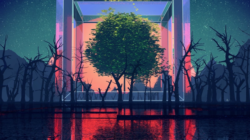 holiday, green, plant, 3D, water, computer Graphic, trees, nature, outdoors, orange color, sky, Cinema 4D, silhouette, city Life, blue, built Structure