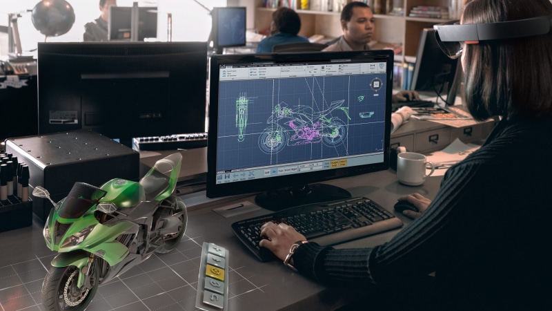 desktop, augmented reality, Real Futuristic Gadgets, monitor, computer, motorcycle, 4K, A.R. headset, virtual reality, Windows 10, black, flat, Microsoft HoloLens