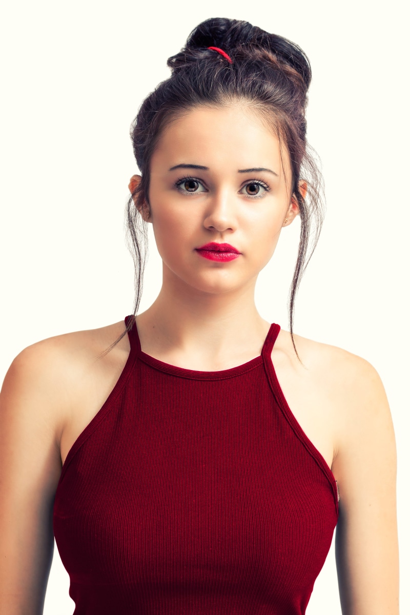 standing, skin, photoshoot, adolescent, looking at camera, beautiful woman, beautiful, wear, tank, teenager, pretty, looking, hairstyle, 5K, casual, studio shot
