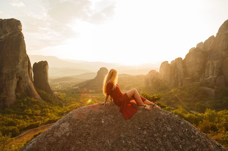rock, Meteora, females, nature, trip, leisure activity, Girl, cliff, caucasian Ethnicity, outdoors, lady, rock - Object, woman, caucasian, blonde, mountain range