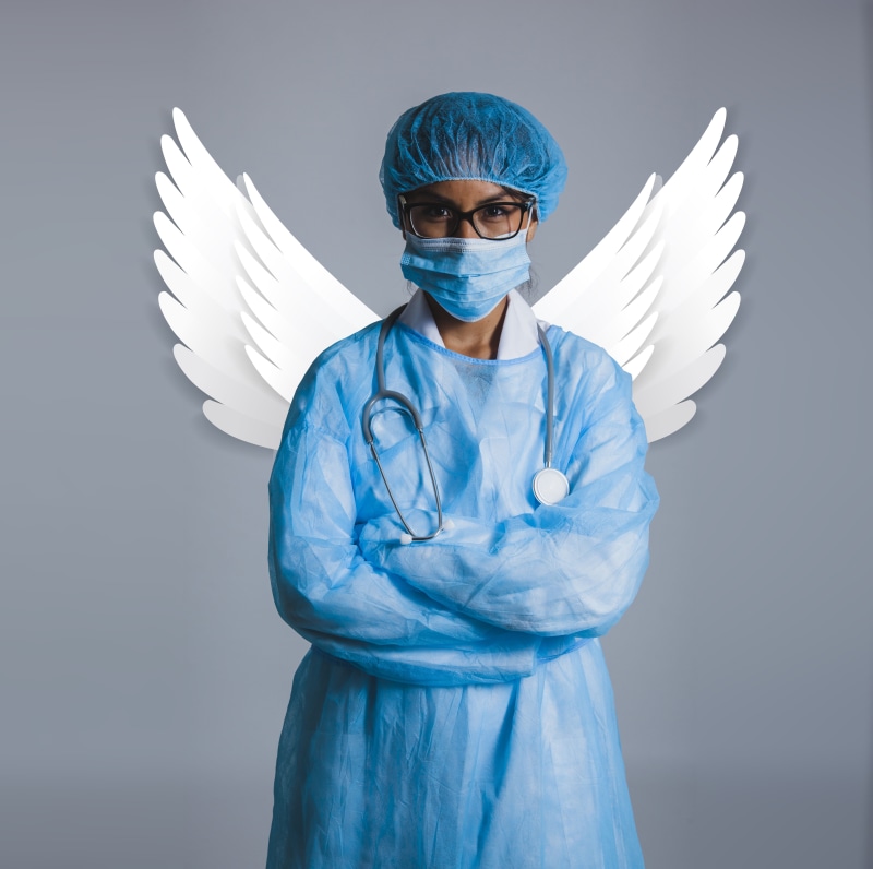 halo, woman, standing, wing, lady, red, space, white color, front view, mock, indoors, hospital, waist up, adult, icon, surgery, guardian, suit, blackboard
