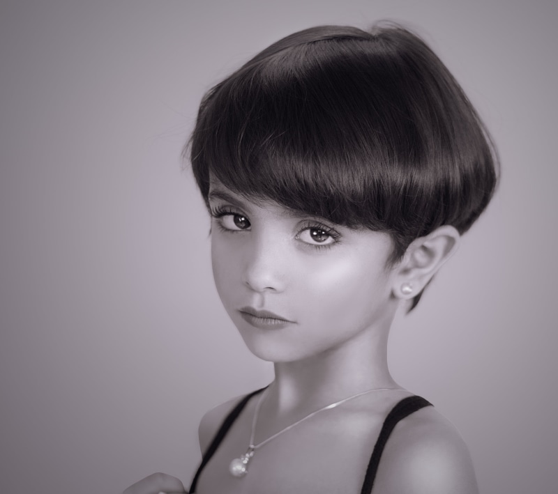 hairstyle, baby, portraits, photography, face, spaghetti, one, strap, young, only women, indoors, kids, contemplation, people, hair, close-up, looking at camera