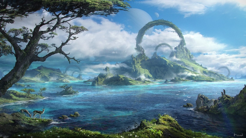 mountains, landscape, sea, Fantasy Architecture, planet, artwork, digital art, fantasy art, trees, birds, clouds, Luka Mivsek, 1080P