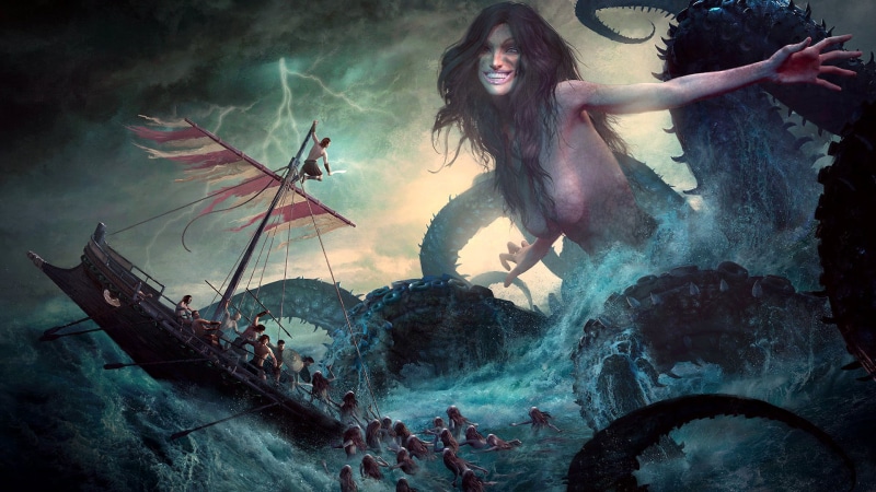 digital art, creature, artwork, ship, 1080P, siren, Tempest, sword, fantasy art, tentacles, Thunderbolt, combat, giant, boat, spear, Guillem H. Pongiluppi