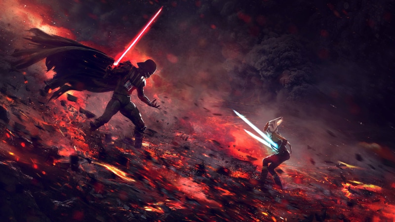 1080P, Ahsoka Tano, smoke, movie characters, Star Wars, Darth Vader, fire, cape, lightsaber, science fiction, Guillem H. Pongiluppi, artwork, digital art