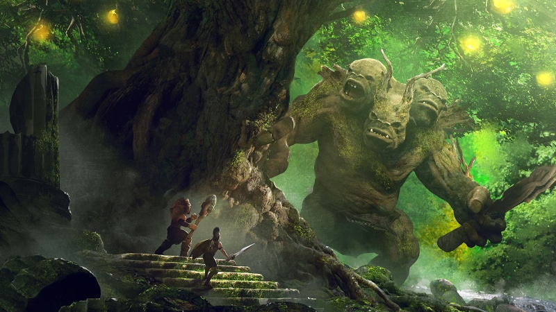 trees, sword, Guillem H. Pongiluppi, fantasy art, wood, shield, digital art, three heads, trolls, creature, mace, giant, combat, artwork, 1080P