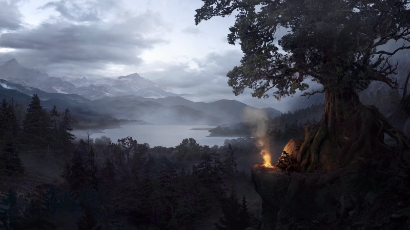 campfire, Guillem H. Pongiluppi, lake, trees, sitting, landscape, 1080P, mountains, forest, artwork, alone, digital art