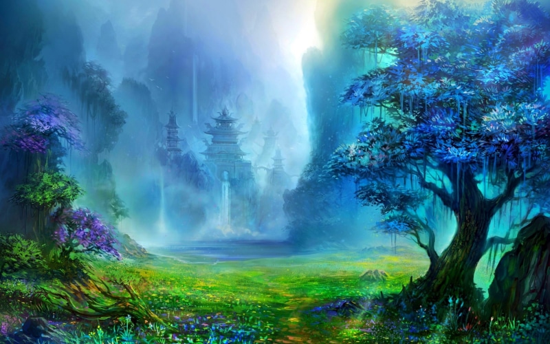 beauty in nature, tree, no people, forest, waterfall, fantasy art pagoda asian architecture trees waterfall artwork mountain digital art nature landscape water