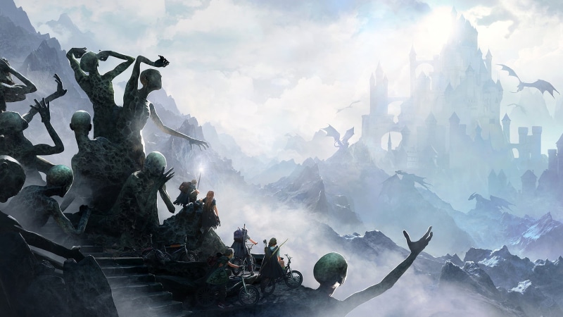 giant, sword, clouds, dragon, castle, creature, landscape, 1080P, bow, hominid, Guillem H. Pongiluppi, mountains, artwork, digital art, shield, backpack