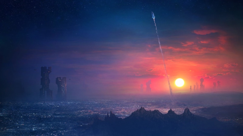 1080P, sea, artwork, digital art, stars, sunset, futuristic, Guillem H. Pongiluppi, night sky, architecture, rocket, landscape