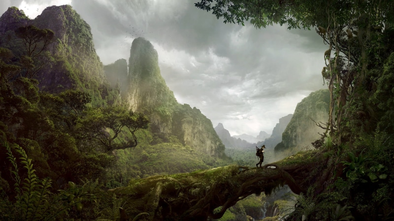 trees, plants, alone, digital art, mountains, artwork, log, hat, forest, Guillem H. Pongiluppi, Wanderers, 1080P, clouds, landscape, walking