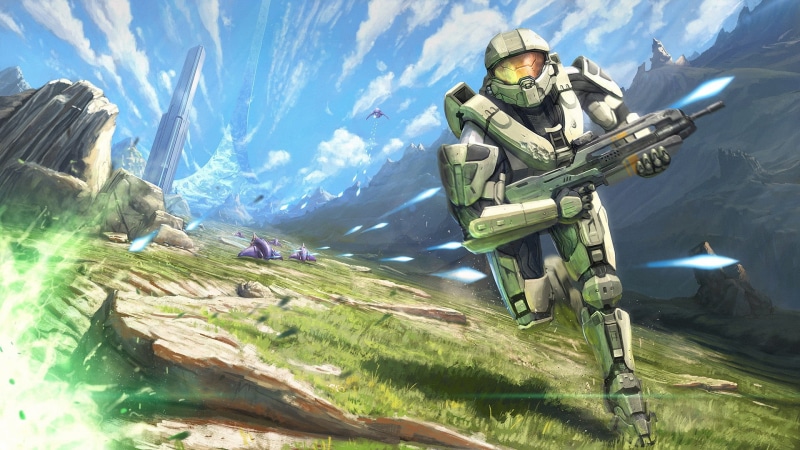 futuristic, Grunt, gun, future, meadow, fantasy, battle, fantasy art, artwork, rifle, Halo Master Chief, Halo 5: Guardians, landscape, game, Ghost, grass