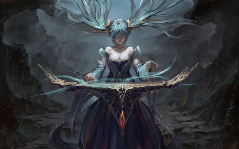 fantasy art, nature, front view, beautiful woman, legends, standing, beauty, three quarter length, Sona (League of Legends), cave, looking at camera, etwahl