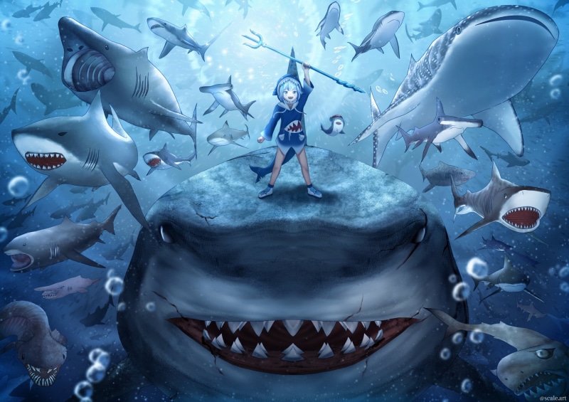 anime, Virtual Youtuber, 1080P, shark, Gawr Gura, anime girls