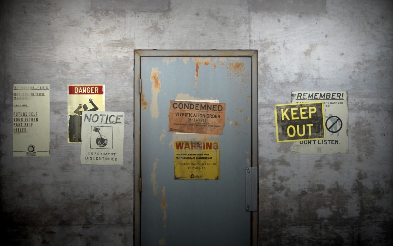 Portal (game), Portal 2, architecture, no people, built structure, white, western script, door, doors, communication, non-western script, text, script