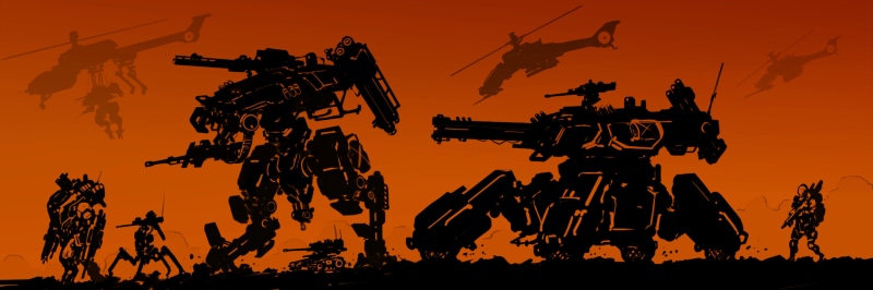 science fiction, outdoors, orange color, illustration, concept art, industry, mode of transportation, 5K, special forces, sky, silhouette, machinery, armed forces