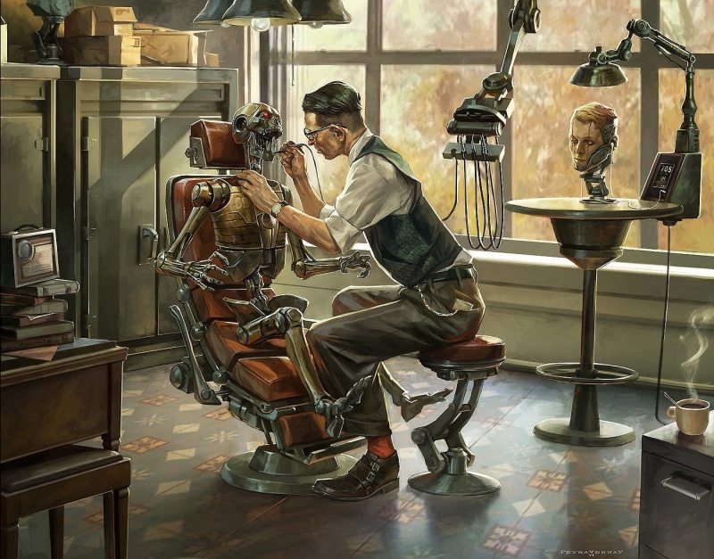 indoors, artwork, men, illustration, music, 720P, real people, young men, dentist, stool, casual clothing, side view, mature adult, males, mature men