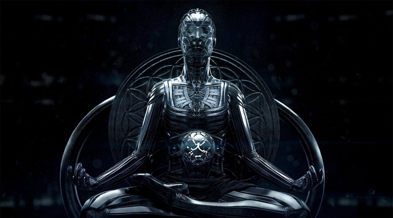 1080P, front view, single object, black background, robot, digital art, meditation, sculpture, focus on foreground, no people, human skeleton, technology