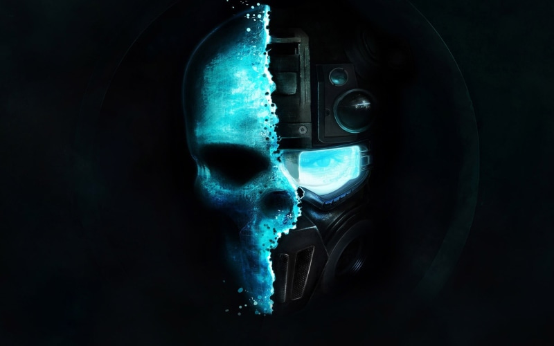 portrait, 1080P, Tom Clancys Ghost Recon: Future Soldier, helmet, one person, illustration, robot, equipment, security, black background, electronics industry