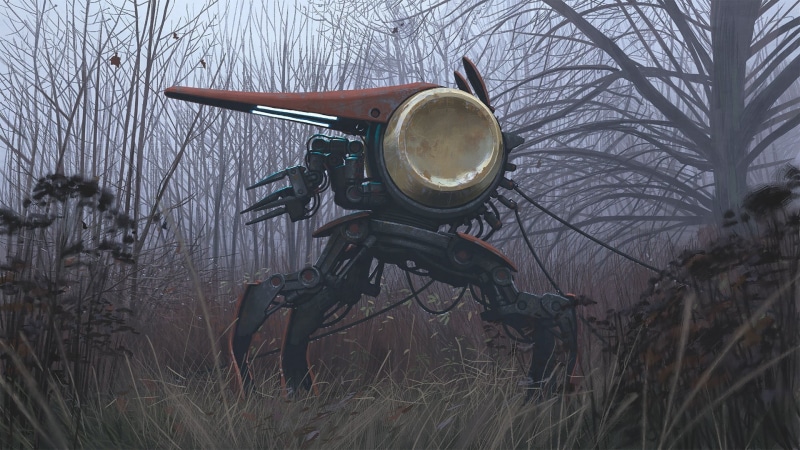 robotic, 1080P, security, tree, Simon Stålenhag, focus on foreground, day, illuminated, photography themes, machine, plant, land, cold temperature, field