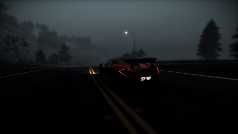 plant, video games, illuminated, track, dusk, rail transportation, car, transportation, mode of transportation, motor vehicle, no people, tree, McLaren P1