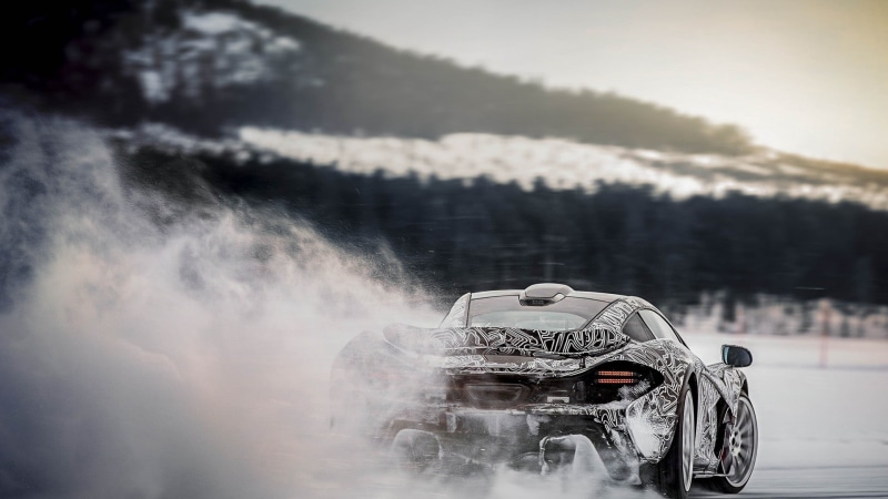 gray, McLaren, land, outdoors, coupe, McLaren P1, tree, motion, no people, plant, transportation, photograhpy, water, drifting, scenics - nature, cold temperature