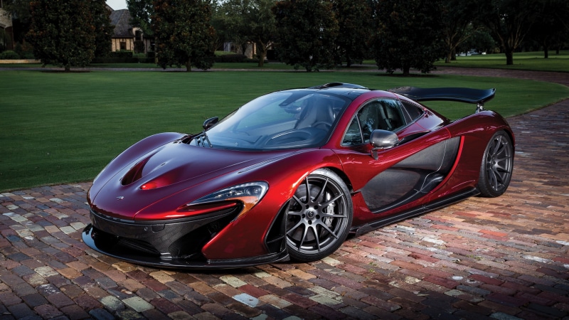 red, transportation, stationary, car, luxury, McLaren, tree, vintage car, mode of transportation, coupe, paving stone, day, McLaren P1, land vehicle, outdoors