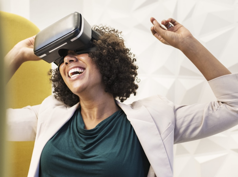 woman, technology, joyful, game, indoors, mouth open, goggles, adult, young adult, hairstyle, virtual reality, gamer, facial expression, using, headshot