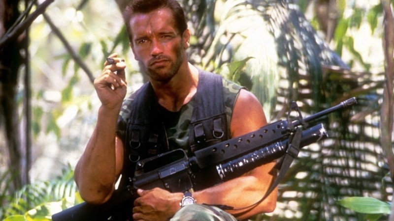 gun, forest, weapon, portrait, Arnold Schwarzenegger, aggression, day, Predator, plant, tree, one person, 1080P, mid adult, rifle, men, land, government