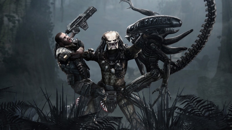 battle, creativity, illustration, art and craft, alien, lake, Predator (movie), movies, spooky, water, 1080P, Aliens (movie), metal, day, focus on foreground
