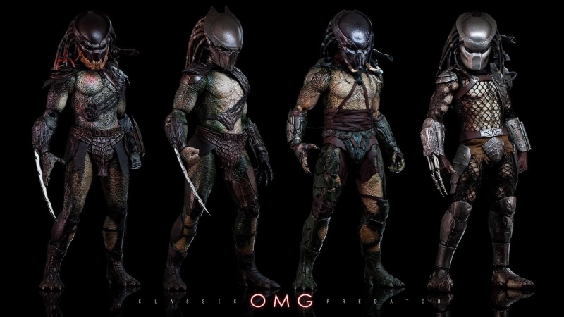 cut out, Predator (movie), black background, no people, text, still life, side by side, museum, human representation, 1080P, clothing, in a row, art and craft