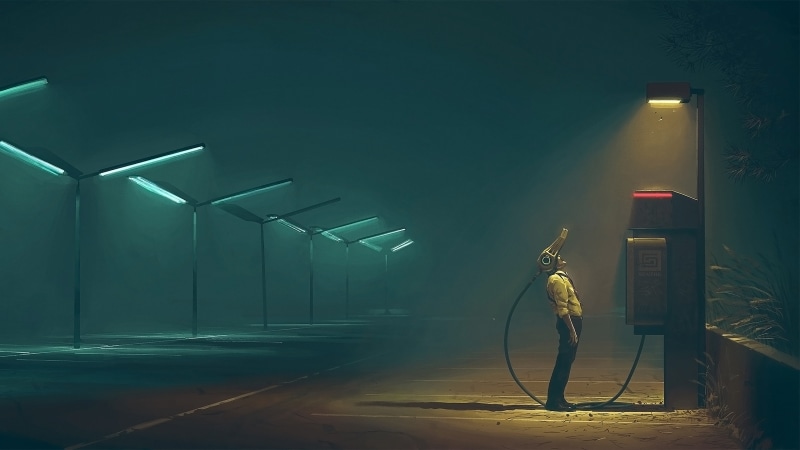 Parking Lot, night, Simon Stålenhag, VR Headset, Street Light, 4K, Phone Box, Futuristic