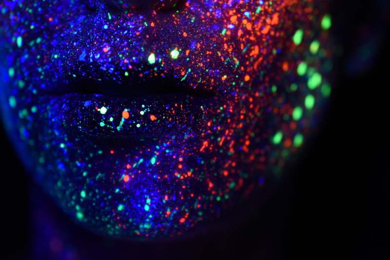 human, indoors, one person, multi colored, adult, portrait, uv light, fashion, glooming, face, uv color, make-up, human body part, uv, uv paint, light