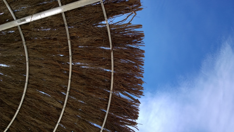 blue, plant, beach sand, cloud - sky, no people, uv radiation, sunlight, 8K, day, roof, shelter, sun protection, pattern, screen, protection, hay, vacations