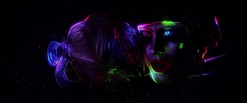 multi colored, human body part, illuminated, graphic, digital art, black background, neon, portrait, hairstyle, human face, studio shot, projection, adult