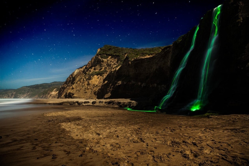 tranquil scene, galaxy, night, sky, fluorescent, 720P, astronomy, land, water, coast, space, no people, rock, rock formation, idyllic, star - space, beauty in nature