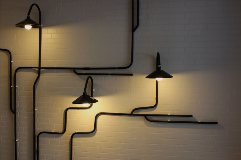 wall, electrical, mount, work tool, lighting equipment, design, empty, effect, fluorescent, 5K, painted, coat hook, metal, cable, steel, brightness, backdrop
