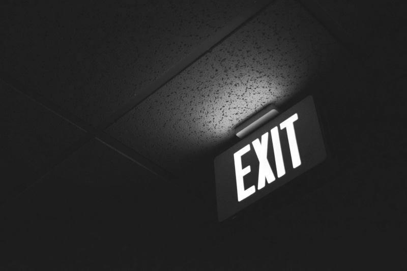 ceiling, no people, neon, black and white, exit, symbol, information, 4K, light, office, dark, capital letter, western script, communication, low angle view