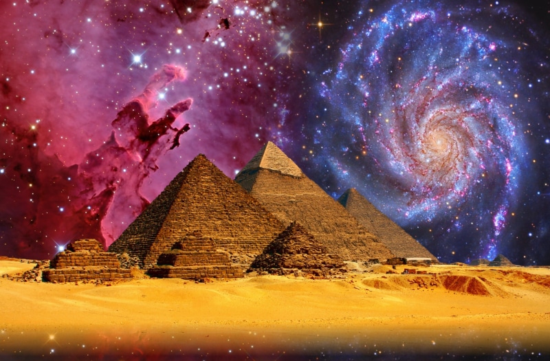 pyramids, travel destinations, sky, ancient, fantasy, pyramid, matrix, science fiction, space, 2K, outdoors, Giza, no people, celestial body, beauty in nature