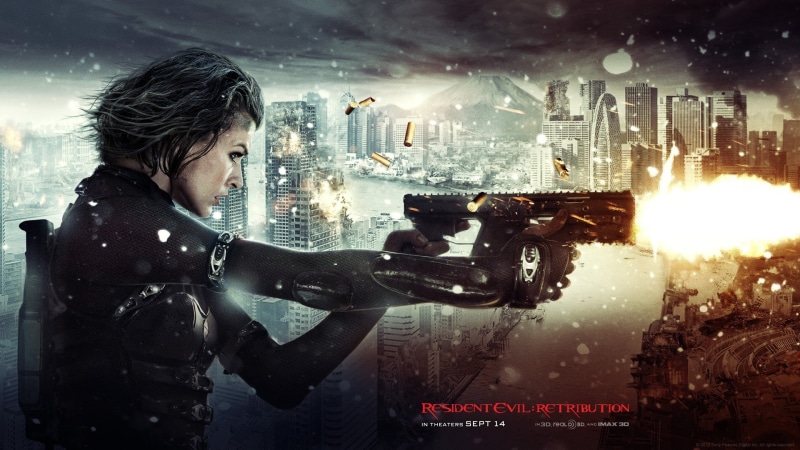 cityscape, sparks, night, Resident Evil: Retribution, weapon, aggression, young adult, waist up, 1080P, Milla Jovovich, adult, illuminated, sign, one person