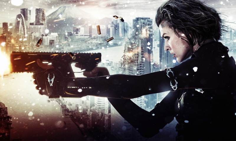 digital composite, looking, building exterior, holding, city, Milla Jovovich , Resident Evil, movies, illuminated, young adult, reflection, woman, city life