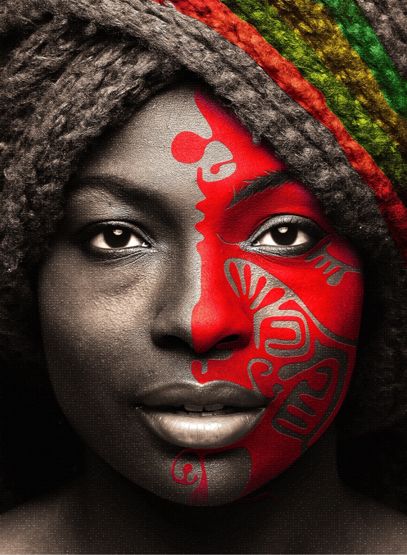 paint, tribal, mouth, human face, portrait, red, fashion, skin, africa, beautiful woman, black background, woman, face, body part, human body part, rastafarian