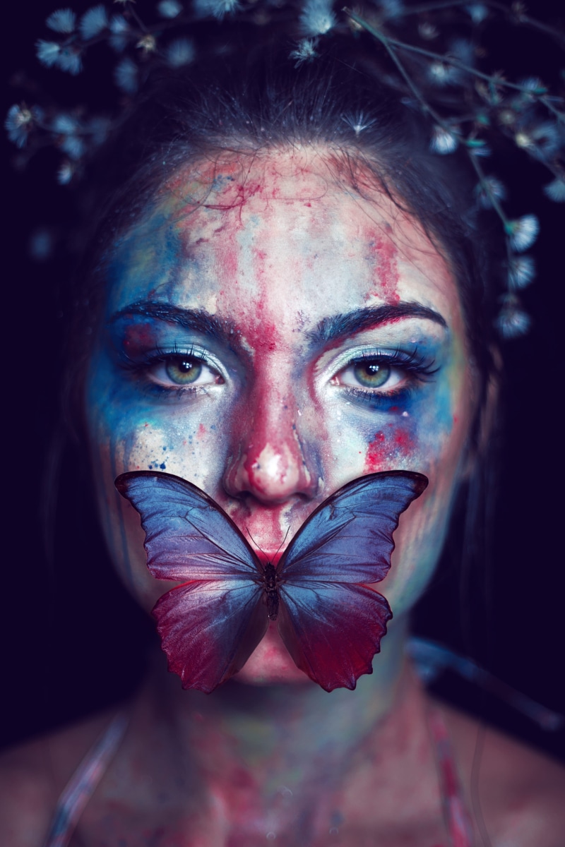 artistic, one person, fantasy, creative, portrait, watercolor, butterfly, woman, photoshoot, front view, s, holi, young adult, 4K, human face, color, red