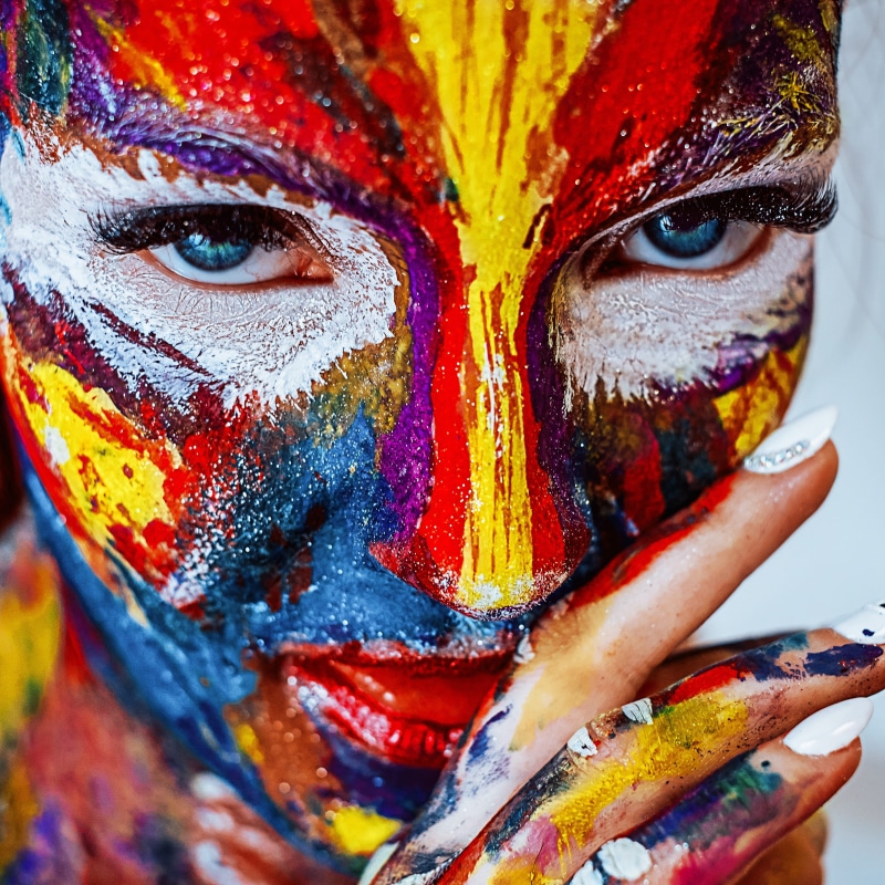 beautiful woman, body part, front view, paint, cracky, painting, one person, beauty, beautiful, makeup, woman, body paint, multi colored, close-up, 2K