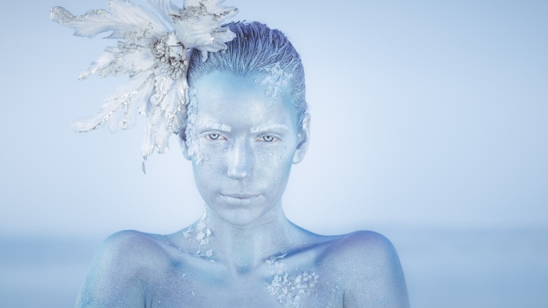 human face, copy space, nature, beautiful woman, shirtless, looking at camera, front view, face, one person, indoors, blue, digital composite, headshot