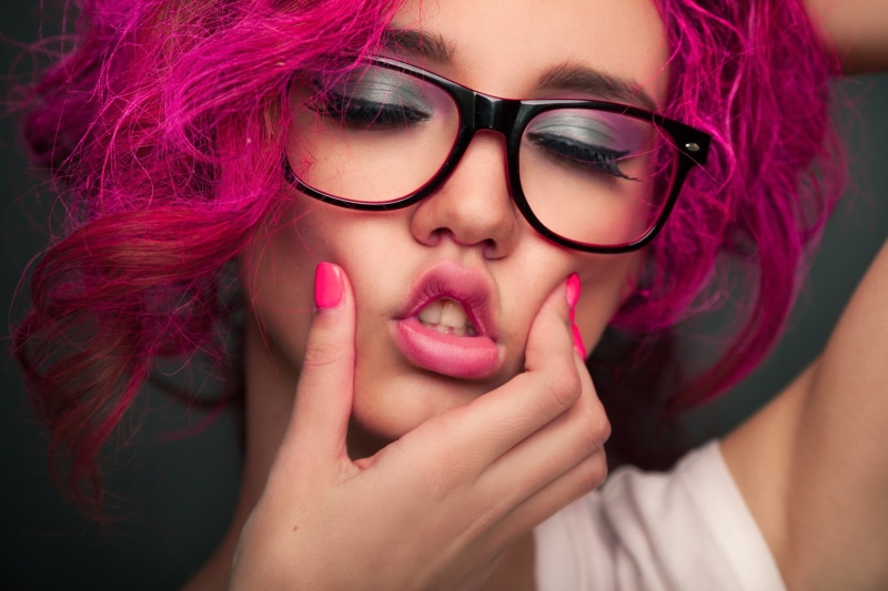 headshot, fashion, make-up, looking at camera, hand, females, dyed hair, women with glasses, portrait, young adult, lifestyles, one person, teenager, girls