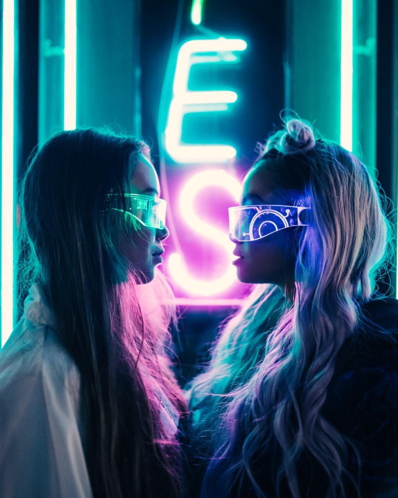 neon lights, women, hair, hairstyle, profile, long hair, positive emotion, neon, portrait, nightlife, Asian, dyed hair, adult, 720P, face to face, love