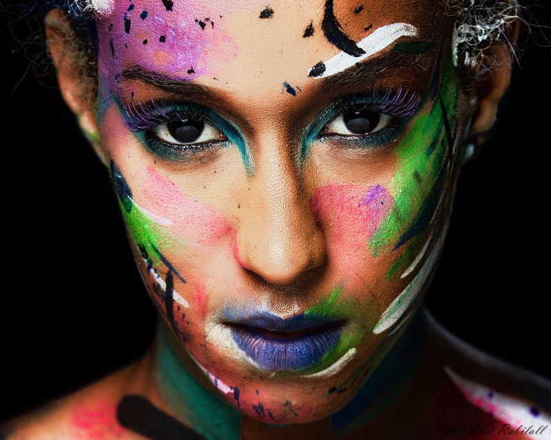 body part, close-up, human body part, face, makeup, 1080P, portrait, multi colored, serious, messy, headshot, looking at camera, paint, model, one person